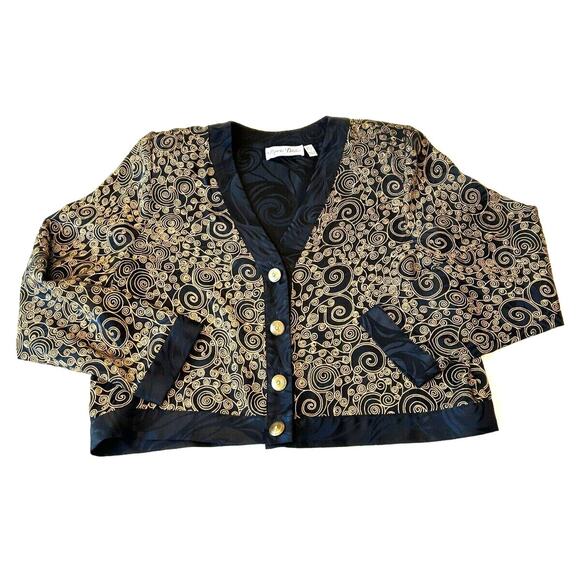 Papell Petites 100% Silk Jacket Women's Sz 8 Black/Gold Padded Retro Y2K VTG - Picture 1 of 9